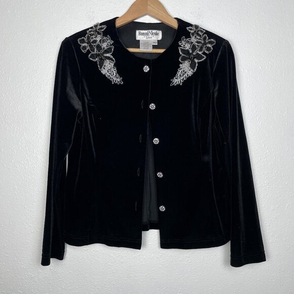 VTG  Ronni Nicole Petite Medium Black Velvet Holiday Cardigan w/ Lace & Beading - Picture 2 of 8